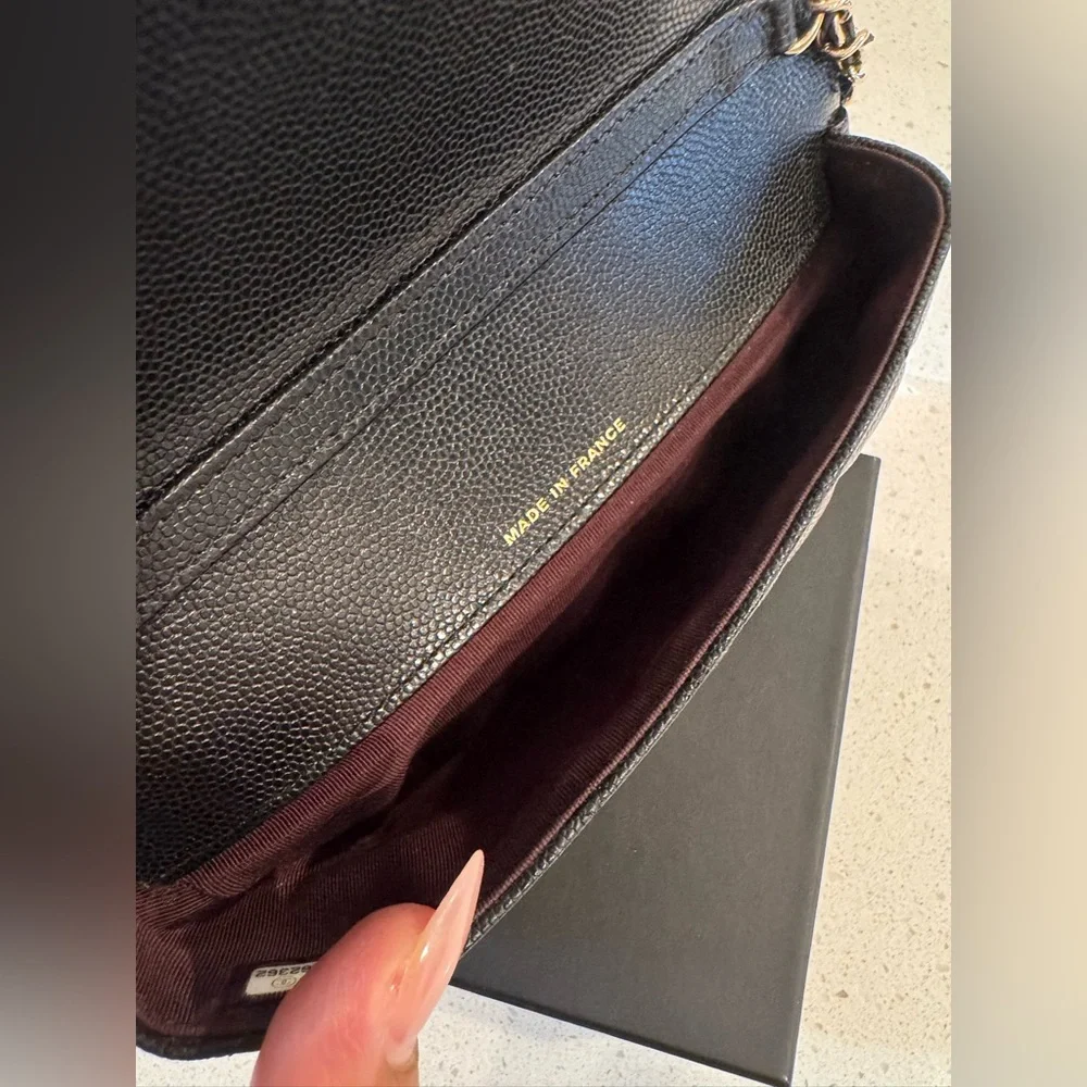 CHANEL classic black caviar and gold hardware sunglasses case crossbody bag